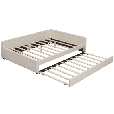 Full/Queen Size Upholstered Platform Bed With USB Ports, Modern Daybed With Trundle, Beige - ModernLuxe 7 Full/Queen Size Upholstered Platform Bed With USB Ports, Modern Daybed With Trundle, Beige - ModernLuxe - Image 5