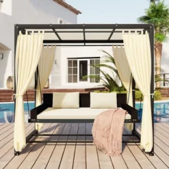 ModernLuxe Patio 3-Seat PE Rattan Swing Bed with Adjustable Curtains