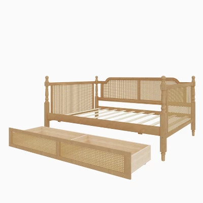 Full/Twin Size Daybed, Rattan Wood Bed Frame With Drawers/ Trundle Bed For Bedroom, Antique Walnut -ModernLuxe 8 Full/Twin Size Daybed, Rattan Wood Bed Frame With Drawers/ Trundle Bed For Bedroom, Antique Walnut -ModernLuxe - Image 6