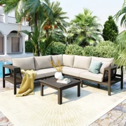 4-Piece Outdoor Acacia Wood Sofa Set With Woven Mesh Armrests, L-Shaped Patio Conversation Set With Coffee Table And Side Table - ModernLuxe