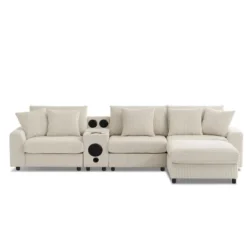 114''W Corduroy L-Shaped Sectional Sofa With Bluetooth Speakers, USB Charger, Cup Holders And Ottoman - ModernLuxe