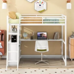 ModernLuxe Twin Size Metal Loft Bed with Integrated Desk, Shelves, and Storage Drawers