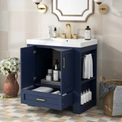 30" Bathroom Vanity With Single Sink, Drawer And Double Sided Storage Shelf, Navy Blue - ModernLuxe