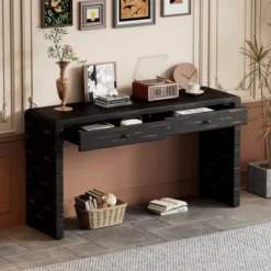 Curved Wooden Console Table With Storage, Rustic Farmhouse Entryway Table With 2 Drawers For Hallway & Living Room - ModernLuxe