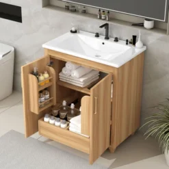 30"W Bathroom Vanity With Sink, Multi-Functional Bathroom Cabinet With Storage Rack And Functional Drawer With Slides, Natural-ModernLuxe