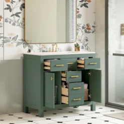 ModernLuxe 36" Freestanding Bathroom Vanity with Ceramic Sink and 6 Storage Compartments - Green