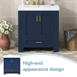 30" Bathroom Vanity With Single Sink, Drawer And Double Sided Storage Shelf, Navy Blue - ModernLuxe -Luxe Furniture Sale GUEST 0a54bac3 c293 4da0 a712 e10f3d341664
