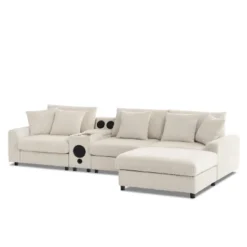 114''W Corduroy L-Shaped Sectional Sofa With Bluetooth Speakers, USB Charger, Cup Holders And Ottoman - ModernLuxe -Luxe Furniture Sale GUEST 0a825d59 0946 4ea9 8cb6 b036b3ee38c7