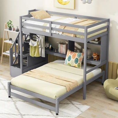 ModernLuxe Twin Over Full Bunk Bed with Storage Stairs, Desk and Integrated Hanger 4 ModernLuxe Twin Over Full Bunk Bed with Storage Stairs, Desk and Integrated Hanger - Image 2