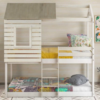 ModernLuxe Twin Over Twin Wooden Bunk Bed with Playhouse Roof & Window 3 ModernLuxe Twin Over Twin Wooden Bunk Bed with Playhouse Roof & Window