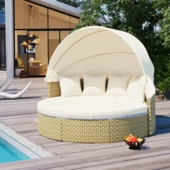 ModernLuxe Round Outdoor Rattan Sectional Daybed with Retractable Canopy