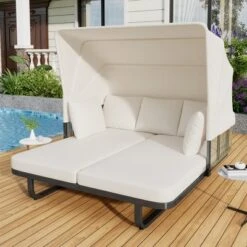 57"W Outdoor Daybed Sunbed, Patio Rattan Chaise Lounge With Canopy, Detachable Pillows For Patio, Backyard, Pool -ModernLuxe 31 57"W Outdoor Daybed Sunbed, Patio Rattan Chaise Lounge With Canopy, Detachable Pillows For Patio, Backyard, Pool -ModernLuxe -Luxe Furniture Sale GUEST 0c09304a 1fe2 4043 8017 470b85977563