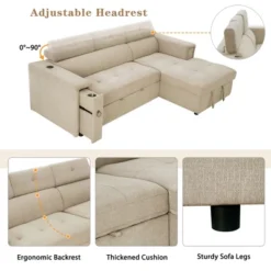 96" L-Shape Sectional Sofa With Adjustable Headrest, Wireless Charging And Cup Holders, Pull-Out Sofa Bed With Hidden Storage - ModernLuxe -Luxe Furniture Sale GUEST 0cb298ec 7b0a 4790 a86a 6f4ce8464536