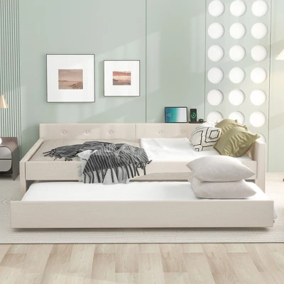 Full/Queen Size Upholstered Platform Bed With USB Ports, Modern Daybed With Trundle, Beige - ModernLuxe 3 Full/Queen Size Upholstered Platform Bed With USB Ports, Modern Daybed With Trundle, Beige - ModernLuxe