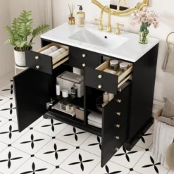 36'' Retro Bathroom Vanity With Ceramic Sink, Solid Wood Frame Freestanding Storage Cabinet With Soft-Close Doors & Drawers - ModernLuxe