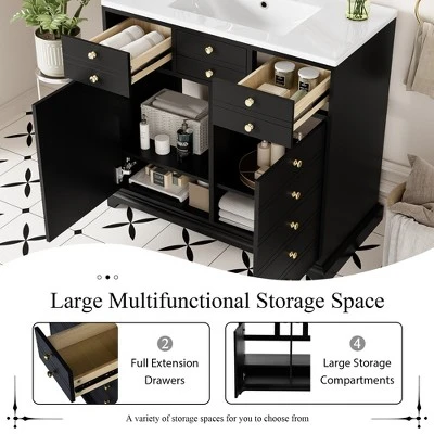36'' Retro Bathroom Vanity With Ceramic Sink, Solid Wood Frame Freestanding Storage Cabinet With Soft-Close Doors & Drawers - ModernLuxe 6 36'' Retro Bathroom Vanity With Ceramic Sink, Solid Wood Frame Freestanding Storage Cabinet With Soft-Close Doors & Drawers - ModernLuxe - Image 4