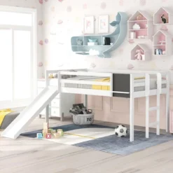 ModernLuxe Twin Size Loft Wood Bed with Slide, Reversible Ladder, and Creative Chalkboard