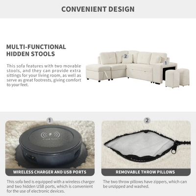 87.7" Convertible Pull Out Sleeper Sofa Bed With Storage Ottoman, 2 Stools, Wireless Charger And USB Ports 4M-ModernLuxe 6 87.7" Convertible Pull Out Sleeper Sofa Bed With Storage Ottoman, 2 Stools, Wireless Charger And USB Ports 4M-ModernLuxe - Image 4