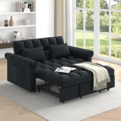 Pull-out Sleeper Sofa Bed, Convertible Loveseat Sofa Couch With Adjsutable Backrest & 2 Throw Pillows - ModernLuxe
