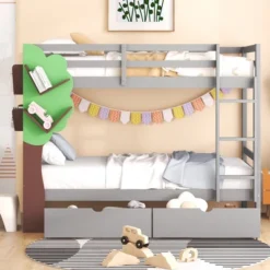 ModernLuxe Twin-Over-Twin Bunk Bed with Whimsical Tree Decor and Two Storage Drawers