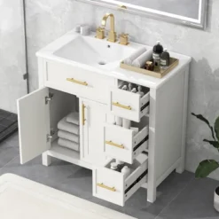 36" Bathroom Vanity With Sink Top, 2 Doors And 3 Drawers, Off White 4W - ModernLuxe