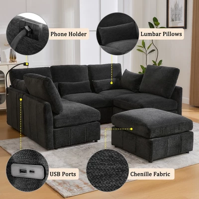 ModernLuxe 85.4" Modular Sectional Sofa Couch, Convertible Sofa Bed With Movable Ottoman, 2 USB Ports & Phone Holder 6 ModernLuxe 85.4" Modular Sectional Sofa Couch, Convertible Sofa Bed With Movable Ottoman, 2 USB Ports & Phone Holder - Image 4