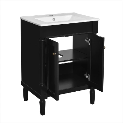 24" Bathroom Vanity With Ceramic Sink, 2-Tier Storage Cabinet, Retro Vanity With Soft-Close Doors And Large Shelves - ModernLuxe 8 24" Bathroom Vanity With Ceramic Sink, 2-Tier Storage Cabinet, Retro Vanity With Soft-Close Doors And Large Shelves - ModernLuxe - Image 6