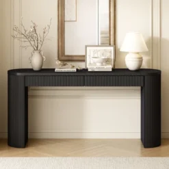 ModernLuxe Elegant Vertical-Striped Console Table with Curved Legs