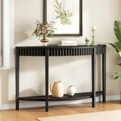 ModernLuxe 55" Half-Moon Wood Veneer Console Table with Open Shelf