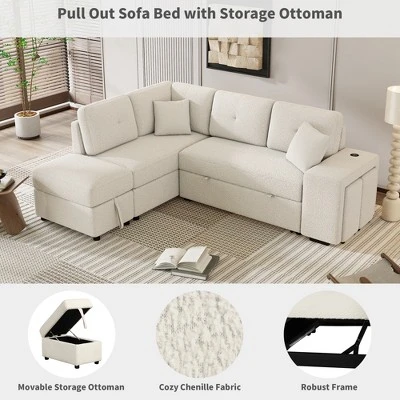 87.7" Convertible Pull Out Sleeper Sofa Bed With Storage Ottoman, 2 Stools, Wireless Charger And USB Ports 4M-ModernLuxe 7 87.7" Convertible Pull Out Sleeper Sofa Bed With Storage Ottoman, 2 Stools, Wireless Charger And USB Ports 4M-ModernLuxe - Image 5