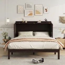 ModernLuxe Queen Size Murphy Cabinet Bed with Rattan Panel & Integrated Charging Station