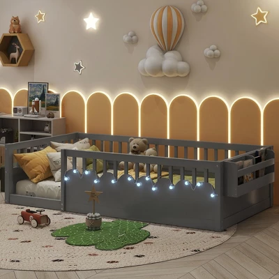 Twin/Full Floor Bed Frame With LED Light, Montessori Bed Wooden Toddler Bed With Safety Guardrails & Storage Shelf - ModernLuxe 4 Twin/Full Floor Bed Frame With LED Light, Montessori Bed Wooden Toddler Bed With Safety Guardrails & Storage Shelf - ModernLuxe - Image 2