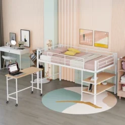 ModernLuxe Modern Twin Metal Loft Bed with Rolling Desk and Integrated Shelves