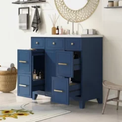 36" Bathroom Cabinet With Sink, Soft Close Doors And Drawers, Navy Blue - ModernLuxe