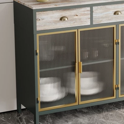 47.6" Modern Freestanding 4 Glass Door Sideboard With 3 Top Drawers, Natural - ModernLuxe 9 47.6" Modern Freestanding 4 Glass Door Sideboard With 3 Top Drawers, Natural - ModernLuxe - Image 7