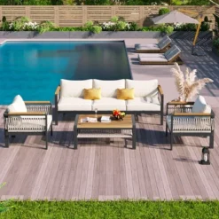 ModernLuxe 4-Piece Outdoor Sectional Sofa Set with Acacia Wood & Coffee Table
