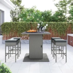 ModernLuxe 5-Piece Counter Height Patio Dining Set - Rattan Table with Storage & 4 Padded Stools