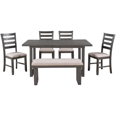 6-Piece Rustic Wood Dining Table Set With Chairs And Bench,Gray-ModernLuxe 5 6-Piece Rustic Wood Dining Table Set With Chairs And Bench,Gray-ModernLuxe - Image 3
