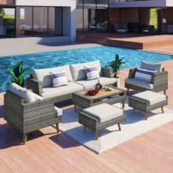 ModernLuxe 6-Piece All-Weather PE Wicker Patio Furniture Set with Solid Wood Accents