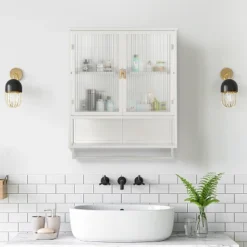 23.62" Glass Door Wall Cabinet With 2-Tier Enclosed Storage, Open Shelves And Towel Rack, White - ModernLuxe