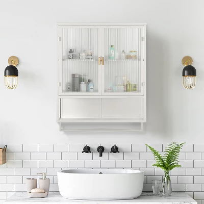 23.62" Glass Door Wall Cabinet With 2-Tier Enclosed Storage, Open Shelves And Towel Rack, White - ModernLuxe 3 23.62" Glass Door Wall Cabinet With 2-Tier Enclosed Storage, Open Shelves And Towel Rack, White - ModernLuxe