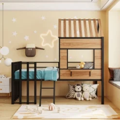 ModernLuxe Twin Size Metal Loft Bed with Playhouse Roof and Windows