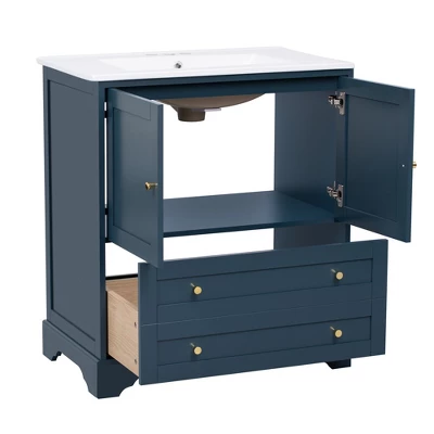 30'' Modern Bathroom Vanity With Ceramic Sink, Freestanding Storage Cabinet With Soft Close Doors, Drawer & Gold Handles, Blue - ModernLuxe 10 30'' Modern Bathroom Vanity With Ceramic Sink, Freestanding Storage Cabinet With Soft Close Doors, Drawer & Gold Handles, Blue - ModernLuxe - Image 8