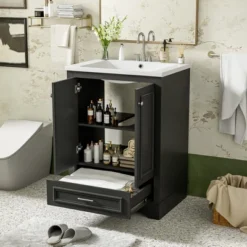24" Bathroom Vanity With Ceramic Sink, Modern Freestanding Storage Cabinet With Silver Handles & Soft Closing Doors - ModernLuxe