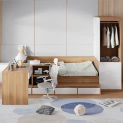 Full Size Platform Bed Frame With 6 Drawers, Shelves, Desk, USB Ports & Wardrobe - ModernLuxe