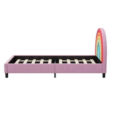 Twin Size Upholstered Platform Bed With Rainbow Design Headboard, Cute Style Princess Bed For Boys & Girls, Teens, Colorful & Pink-ModernLuxe 8 Twin Size Upholstered Platform Bed With Rainbow Design Headboard, Cute Style Princess Bed For Boys & Girls, Teens, Colorful & Pink-ModernLuxe - Image 6