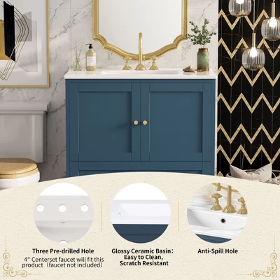 30'' Modern Bathroom Vanity With Ceramic Sink, Freestanding Storage Cabinet With Soft Close Doors, Drawer & Gold Handles, Blue - ModernLuxe 7 30'' Modern Bathroom Vanity With Ceramic Sink, Freestanding Storage Cabinet With Soft Close Doors, Drawer & Gold Handles, Blue - ModernLuxe - Image 5