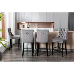 Set Of 2 Velvet Upholstered Barstools With Button Tufted Decoration, Chrome Nailhead Trim And Wooden Legs-ModernLuxe