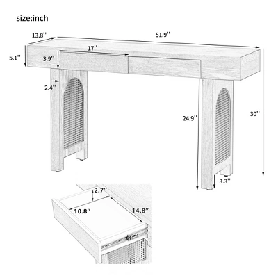 51.9"W Rustic Console Table With Rattan Accent, Narrow Entryway Table With Drawers, Wood Finish Sofa Table Console Tables - ModernLuxe 4 51.9"W Rustic Console Table With Rattan Accent, Narrow Entryway Table With Drawers, Wood Finish Sofa Table Console Tables - ModernLuxe - Image 2