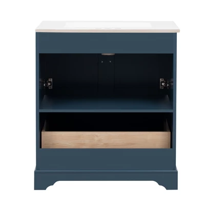 30'' Modern Bathroom Vanity With Ceramic Sink, Freestanding Storage Cabinet With Soft Close Doors, Drawer & Gold Handles, Blue - ModernLuxe 11 30'' Modern Bathroom Vanity With Ceramic Sink, Freestanding Storage Cabinet With Soft Close Doors, Drawer & Gold Handles, Blue - ModernLuxe - Image 9